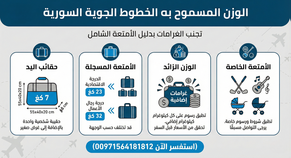 سافر مع الخطوط الجوية السورية بسهولة: دليلك للحجز السريع والموثوق (احجز تذكرتك الآن 00971564181812) Today Homage 12 الوزن المسموح به الخطوط الجوية السورية: تجنب الغرامات بدليل الأمتعة الشامل (استفسر الآن 00971564181812)